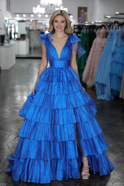 Glitter Tie Straps Pink Plunging Neck Tiered Long Prom Dress