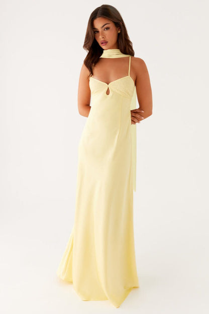 V Neck Tie Back Satin Maxi Dress
