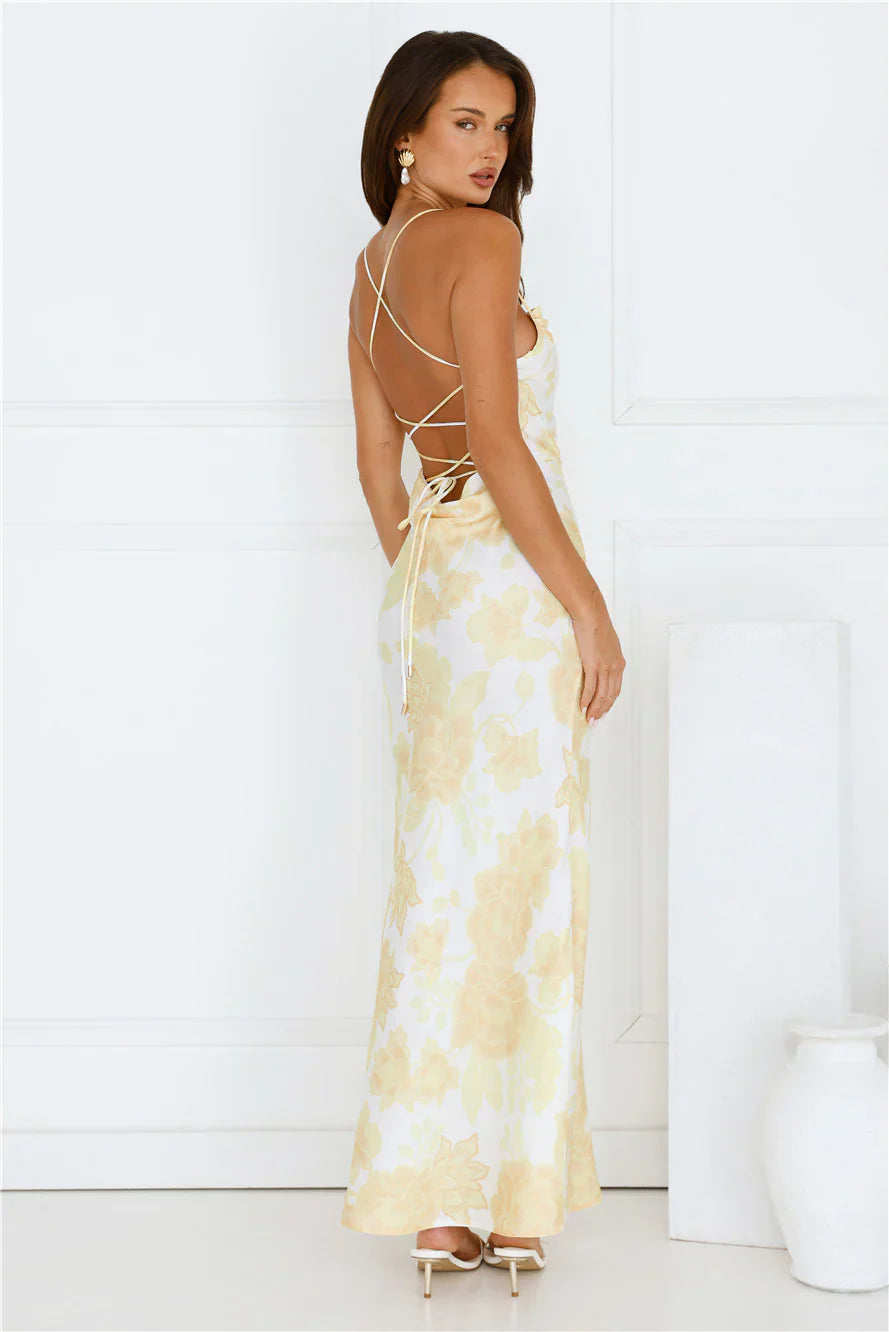 Floral Dreaming Satin Maxi Dress Yellow