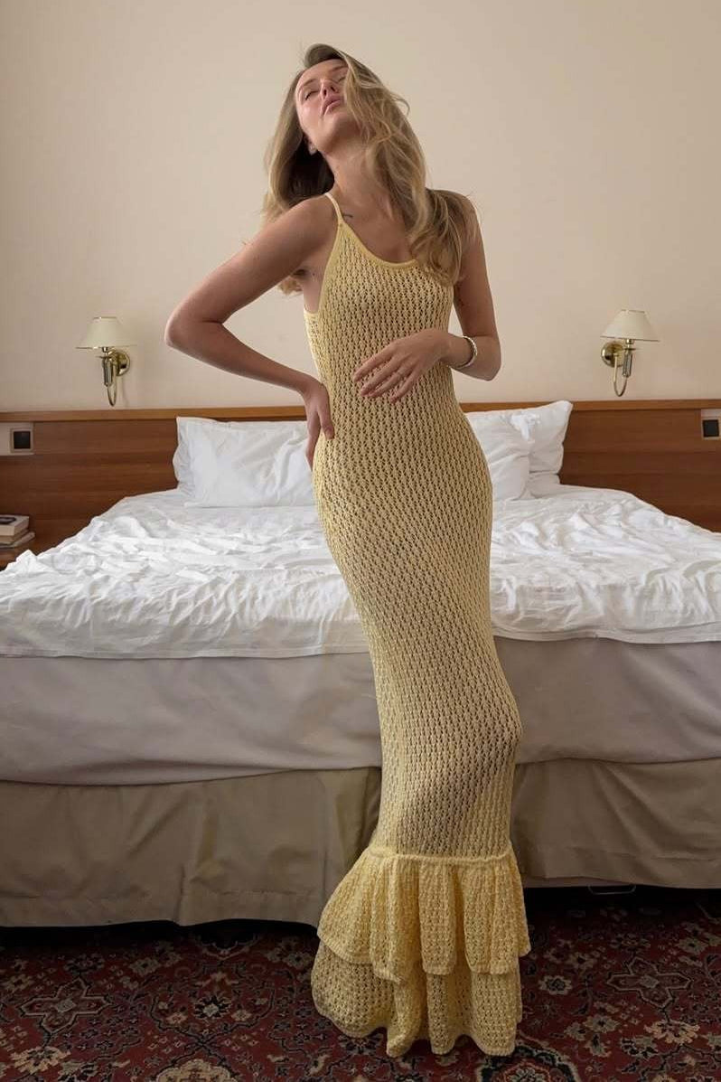 Boho Ruffle Knit Sexy Cutout Sheer Cami Maxi Dress