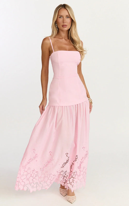 Everly Maxi Dress - Straight Neck Broderie Cut Out Hem Dress in Pink