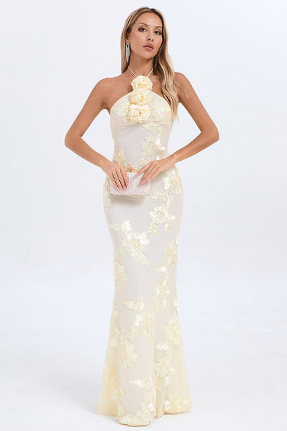 Halter Floral Foil Print Maxi Dress