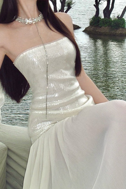 Sequin Patchwork Strapless Flowy Maxi Dress