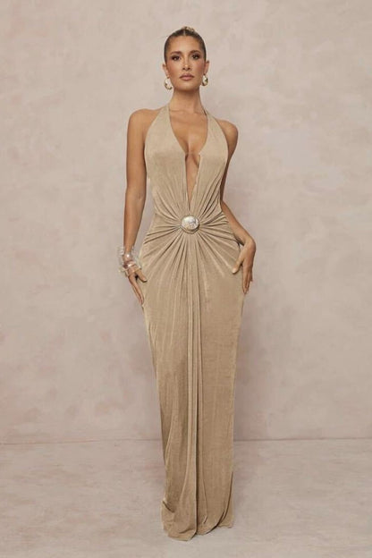 Deep V Halter Ruched Metal Trim Backless Maxi Dress