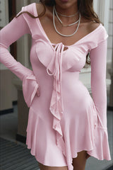 Fresh Plunging Neckline Bell Sleeve Ruffle Lace-up Mini Dress