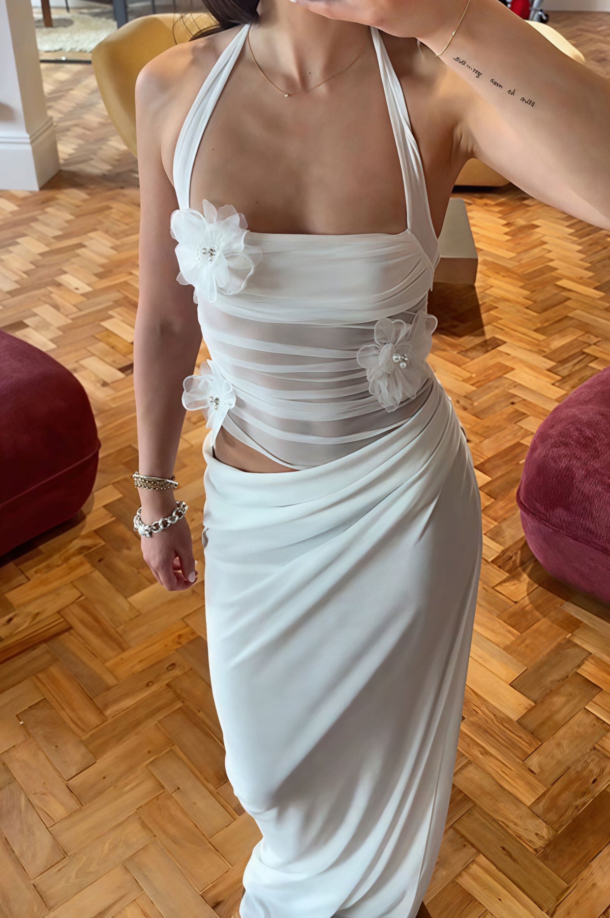 3D Floral Patchwork Halter Slim Cutout Waist Maxi Dress