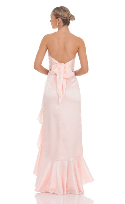 Satin Jacquard Back Bow Corset Maxi Dress in Pink