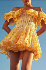 Elegant Designer Embroidery Hollow Out Cutout Waist Cinched Mini Dress