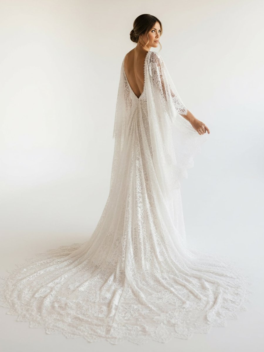 Ivory Long Sleeve Cape Lace Mermaid Wedding Dress with Appliques