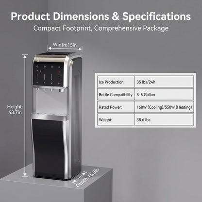 5-In-1 Bottom Loading Water Cooler Water Dispenser with Crushed & Chewable Ice Maker, Child Safety Lock Inset