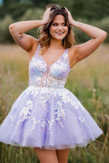 Lace Plunge V Backless A-Line Short Homecoming Dress