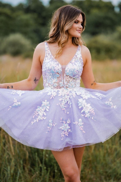 Lace Plunge V Backless A-Line Short Homecoming Dress