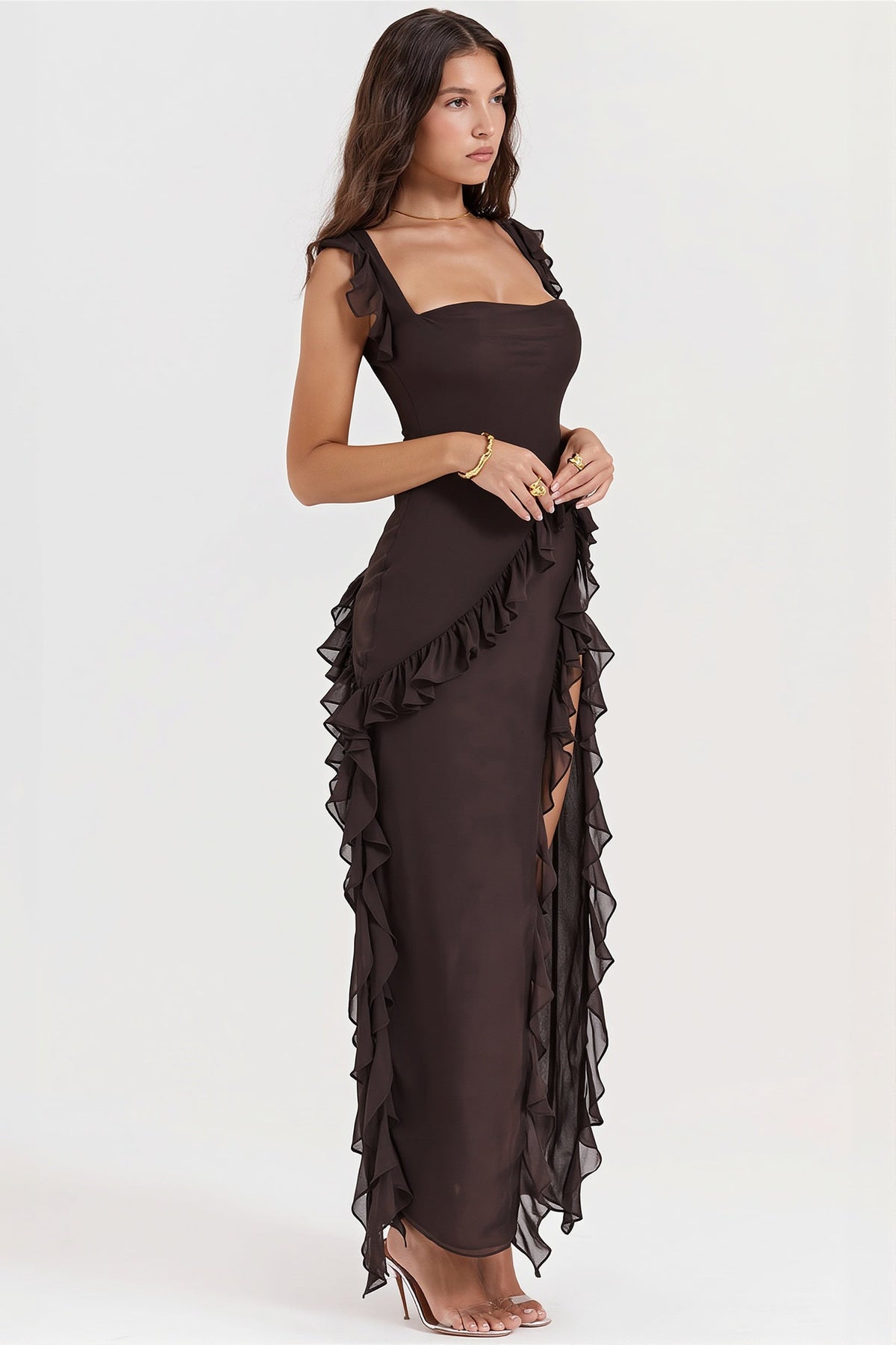 Ribbon Ruffle Splice Slit Maxi Dress