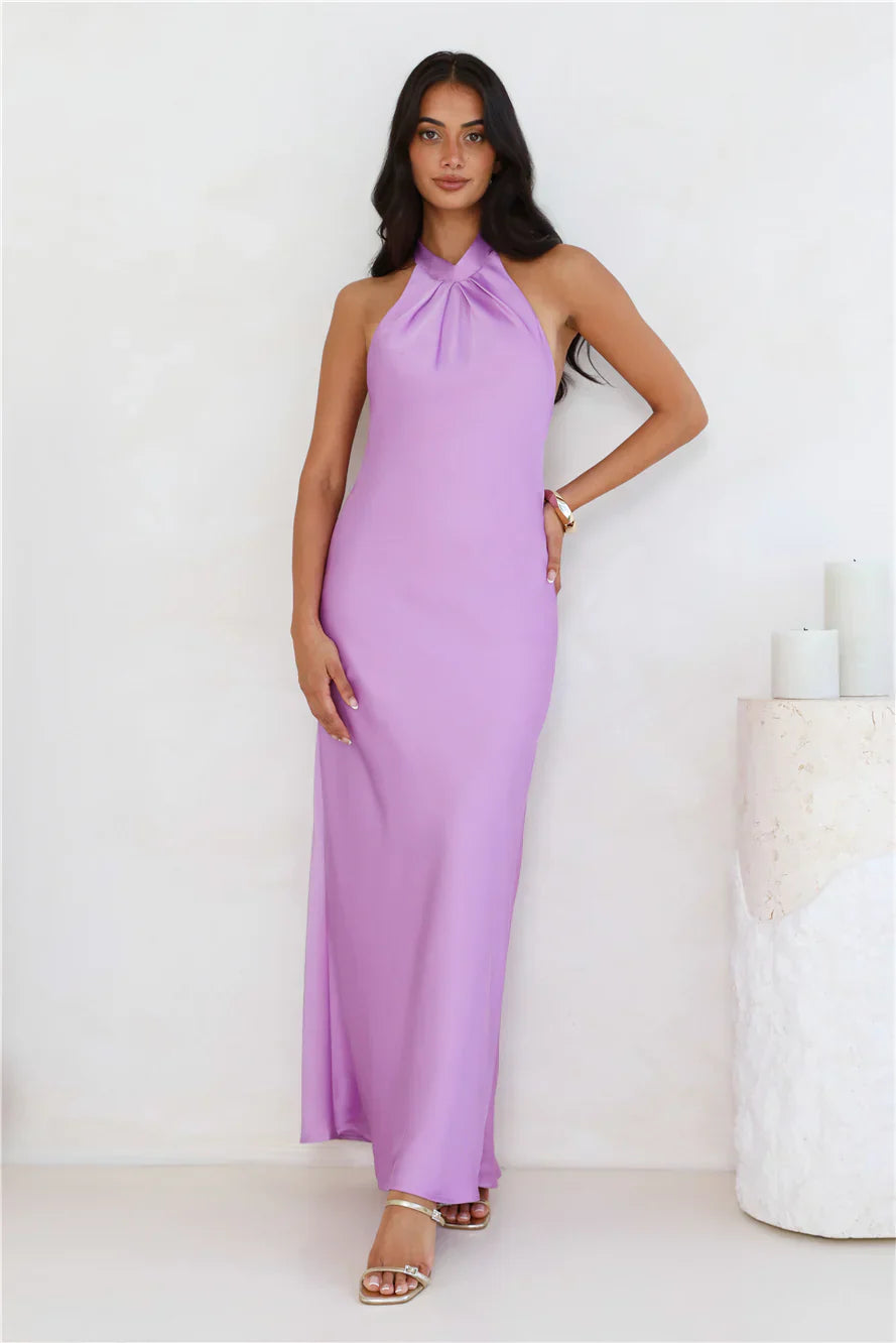 Delicate Dazzle Halter Satin Maxi Dress Purple