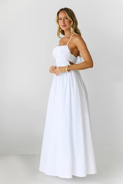 Feathered Snow Halter Maxi Dress White