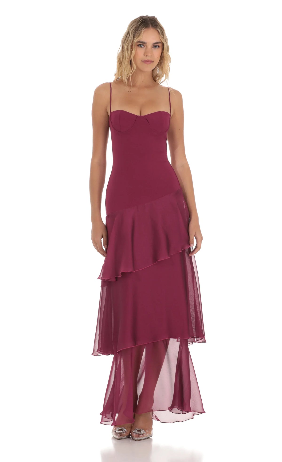 Long Ruffle Maxi Dress in Plum