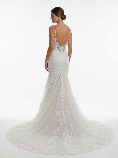 Ivory Mermaid Spaghetti Straps Backless Long Lace Wedding Dress