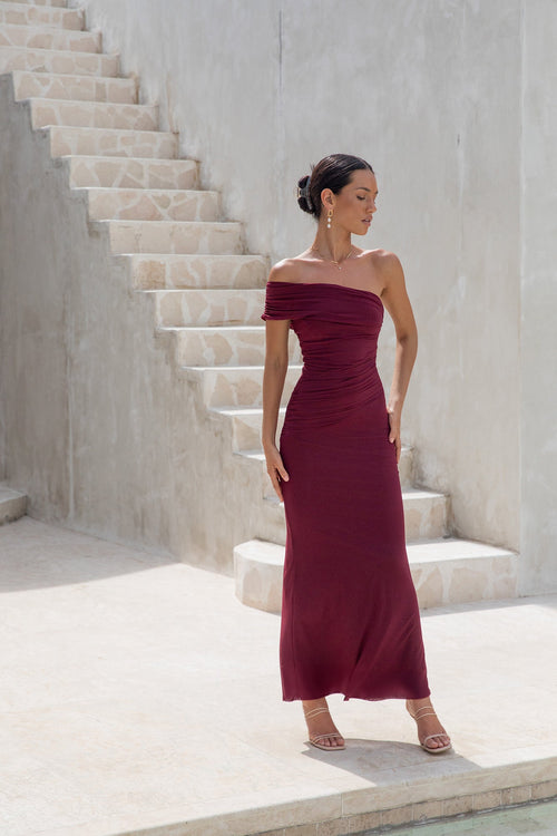 Dahlia One Shoulder Mesh Maxi Dress Maroon