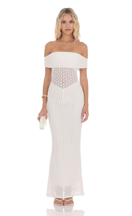Off Shoulder Lace Bodycon Maxi Dress in White
