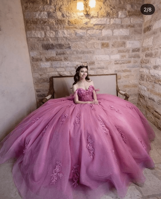 Dusty Rose Off Shoulder Lace 3D Flower Applique Quinceanera Dress