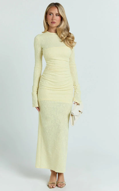 Kayrene Maxi Dress - Long Sleeve Bodycon Dress in Butter Yellow