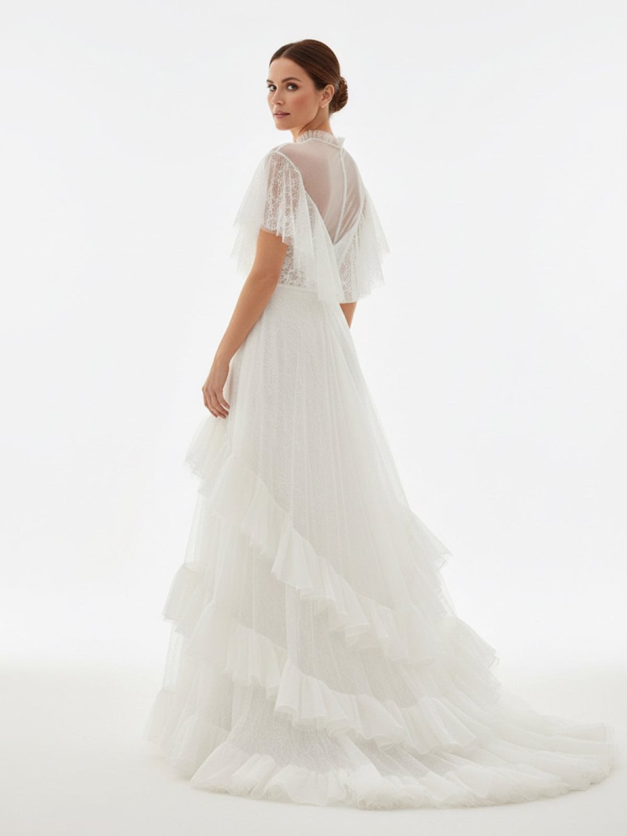 High Split A-Line See-through Short Sleeves Ruffle Tulle Wedding Dresses