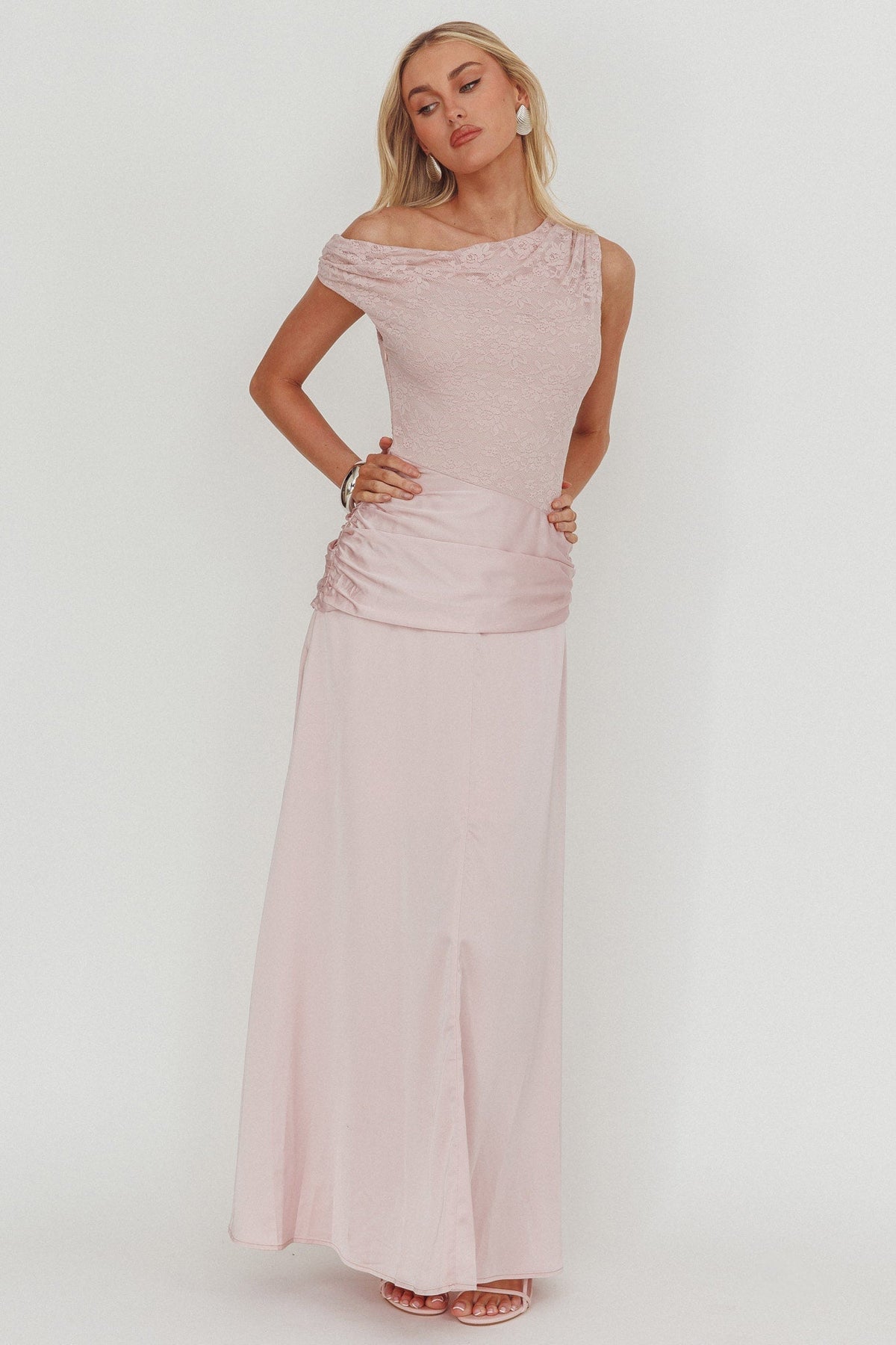 Diana Asymmetric Shoulder Pleat Waist Maxi Dress Blush