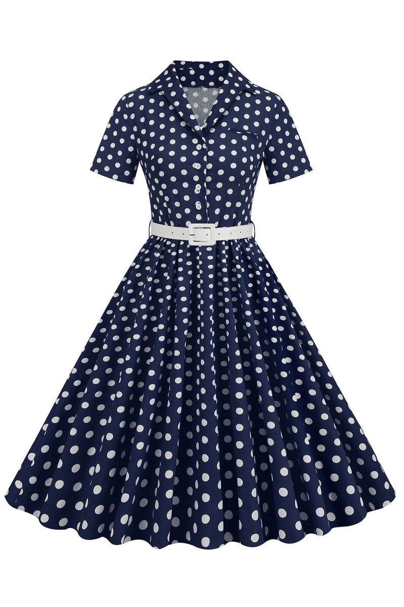 Hepburn Style V Neck Blue Polka Dots 1950s Dress
