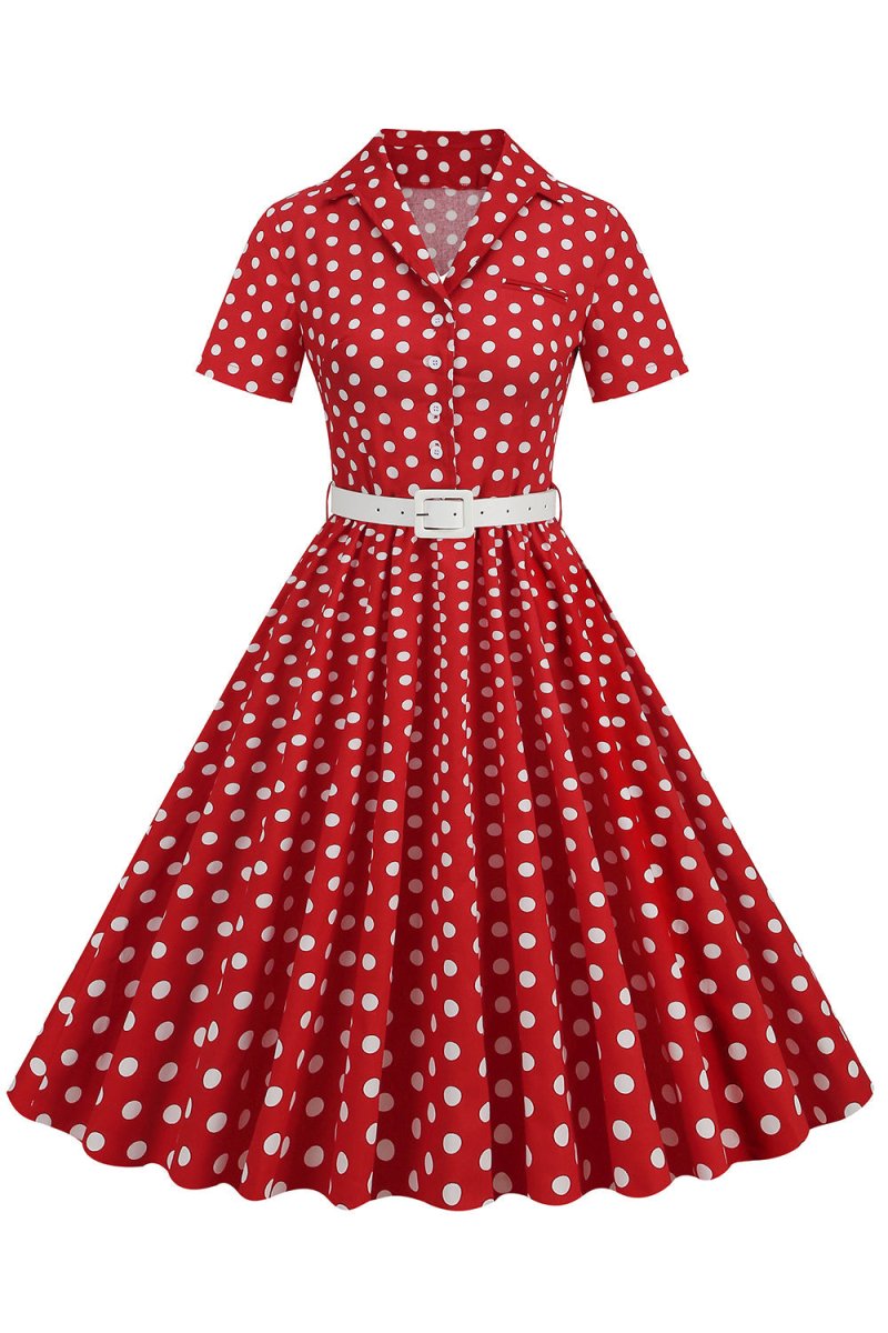Hepburn Style V Neck Blue Polka Dots 1950s Dress