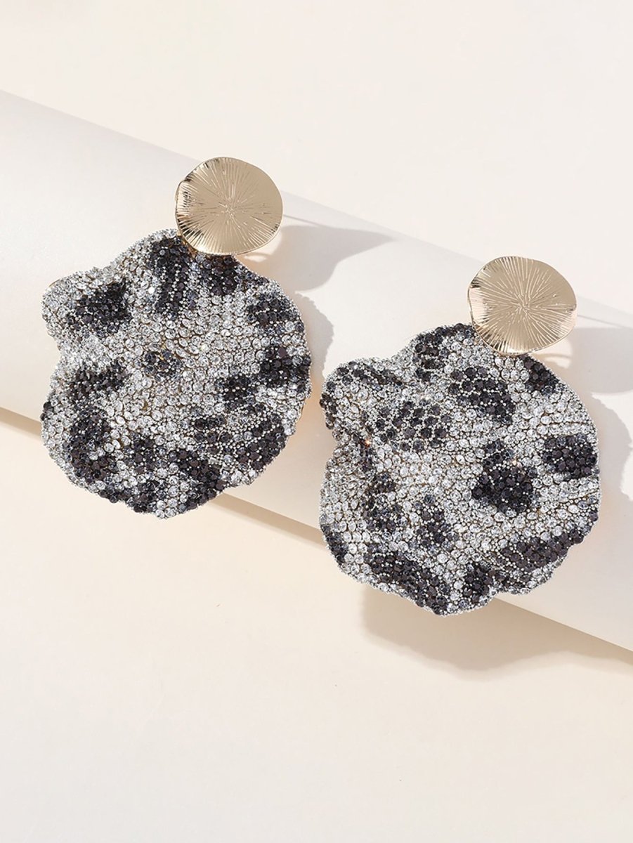 Gray Leopard Print Rhinestones Round Earrings