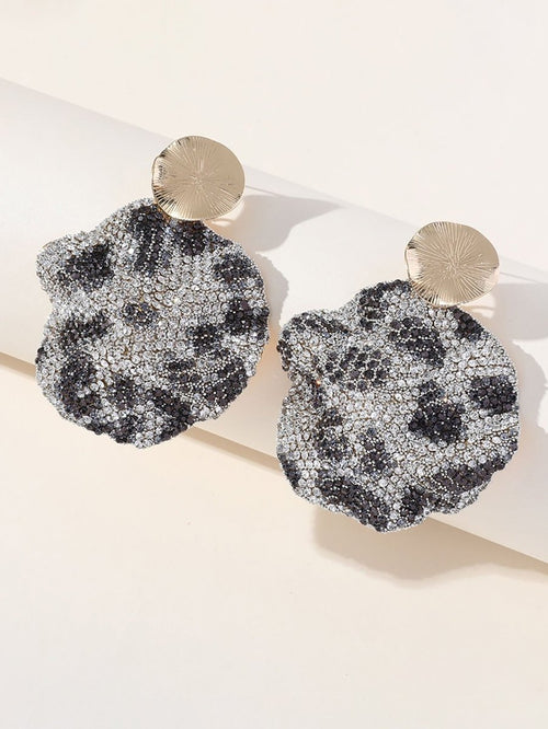 Gray Leopard Print Rhinestones Round Earrings