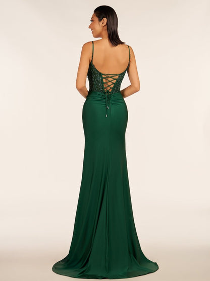 Green V Neck Beading Satin Long Slit Prom Dresses