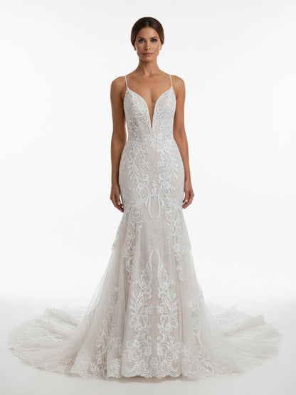 Ivory Mermaid Spaghetti Straps Backless Long Lace Wedding Dress