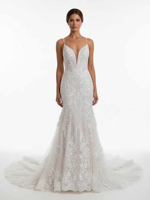 Ivory Mermaid Spaghetti Straps Backless Long Lace Wedding Dress