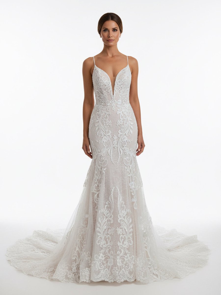 Ivory Mermaid Spaghetti Straps Backless Long Lace Wedding Dress