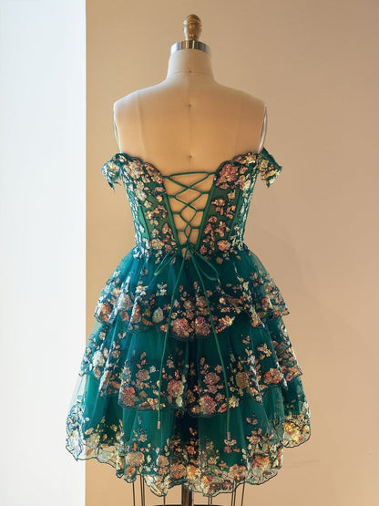 Green - A-Line Sweetheart Tiered Short Homecoming & Cocktail Dresses