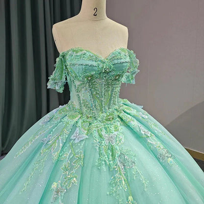 Exquisite Princess Ball Gown Cap sleeve Quinceanera Dresses with 3D Appliques