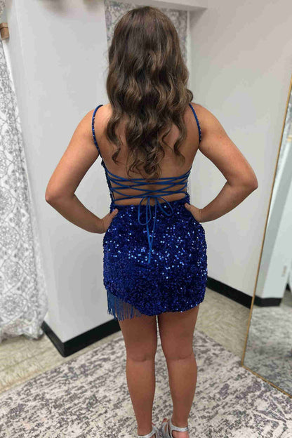 Hot Pink Bodycon Spaghetti Straps Sequins Mini Party Dresses with Tassel
