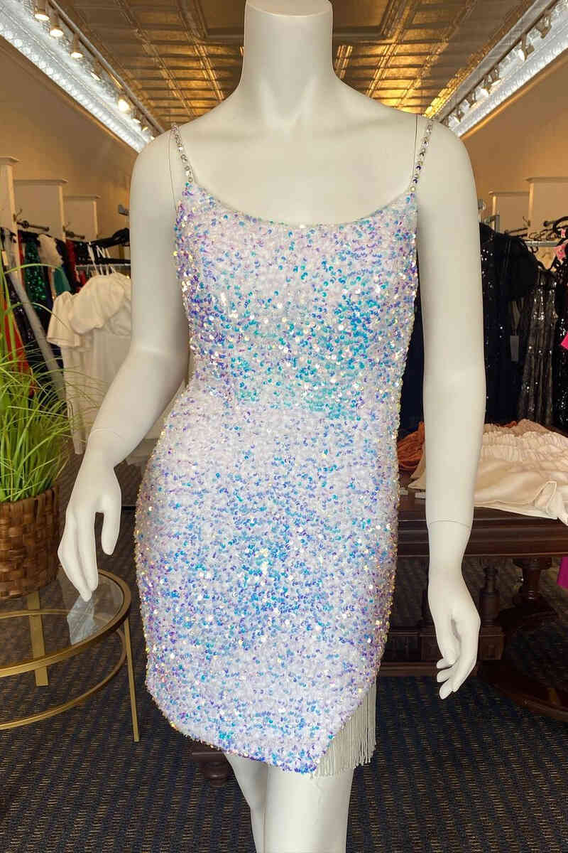 Hot Pink Bodycon Spaghetti Straps Sequins Mini Party Dresses with Tassel
