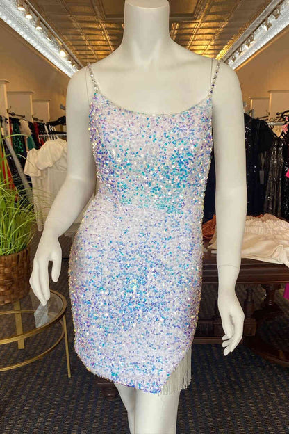 Hot Pink Bodycon Spaghetti Straps Sequins Mini Party Dresses with Tassel