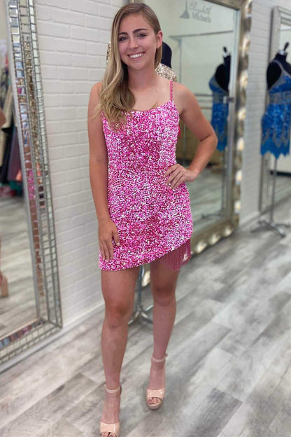 Hot Pink Bodycon Spaghetti Straps Sequins Mini Party Dresses with Tassel
