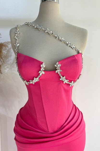 Hot Pink One Shoulder Rhinestones Pleated Long Prom Dresses