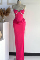 Hot Pink One Shoulder Rhinestones Pleated Long Prom Dresses