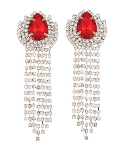 Green Teardrop Rhinestones Tassel Long Earrings