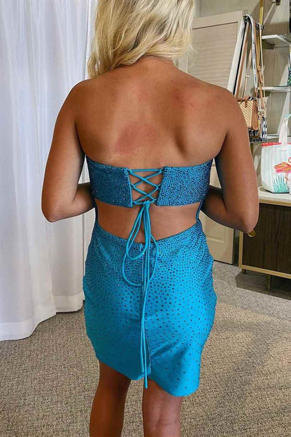 Glitter Yellow Bodycon Strapless Lace Up Short Homecoming Dress