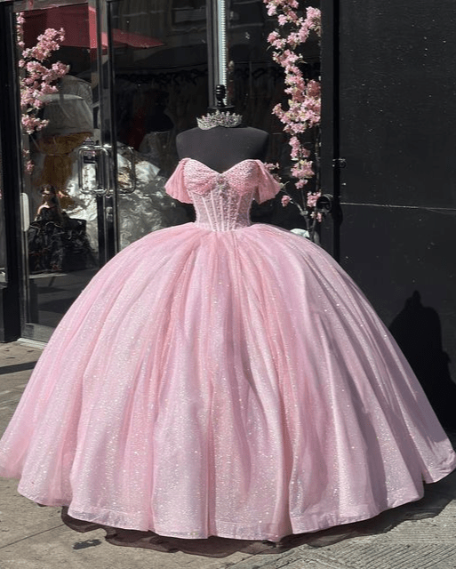 Glitter Off The Shoulder Pink Ball Gown Quinceanera Dresses