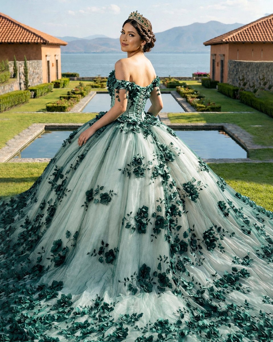 Green Ball Gown Off The Shoulder 3D Flowers Beads Applique Quinceanera Dresses