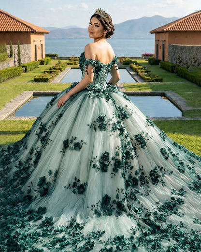 Green Ball Gown Off The Shoulder 3D Flowers Beads Applique Quinceanera Dresses
