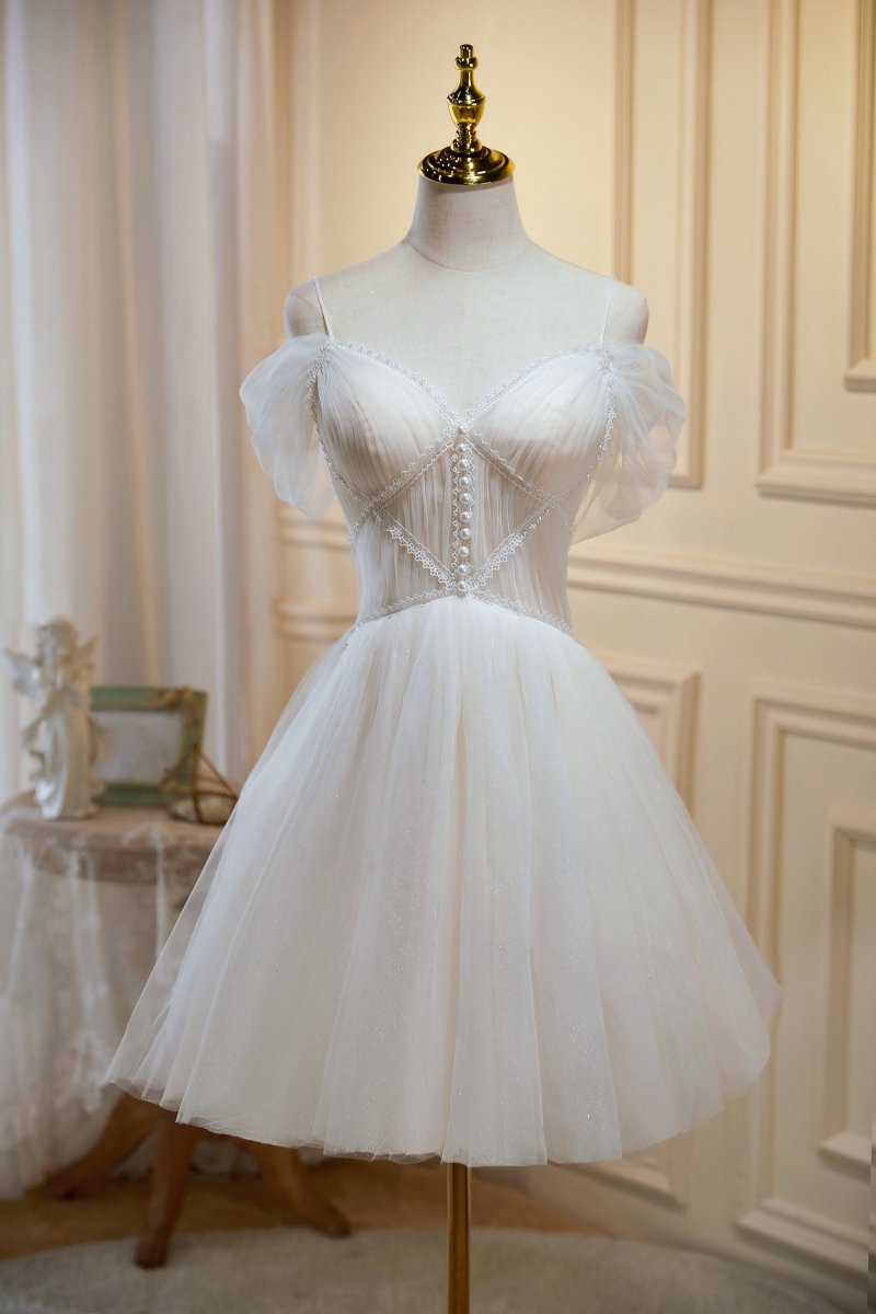 Ivory A-line V Neck Tulle Homecoming Dresses