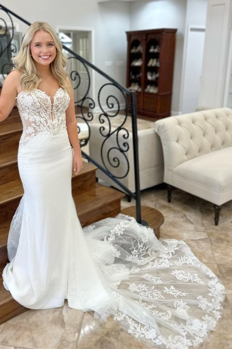 Lace White Strapless Appliques Mermaid Long Wedding Dress